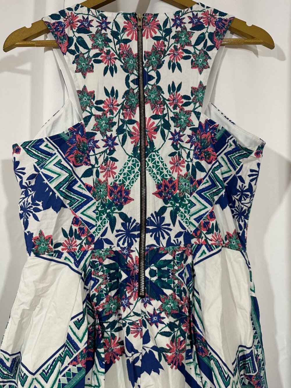 Boho Floral Fit & Flare Dress Large Blue White Cotton Border Print - Picture 11 of 12
